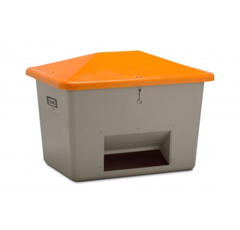 Streugutbehälter 700l grau/orange mit Entnahmeöffnung und Vandalismusdeckel